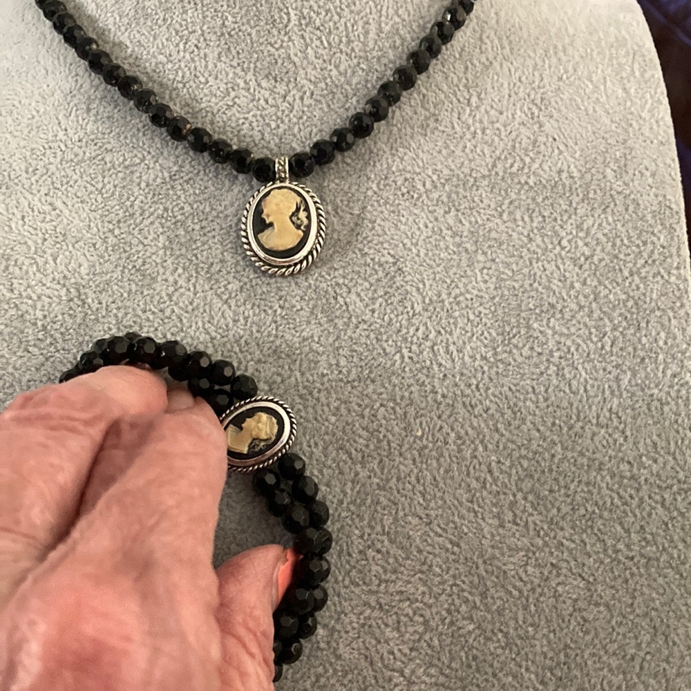 Black Beaded Cameo Necklace and Bracelet Set